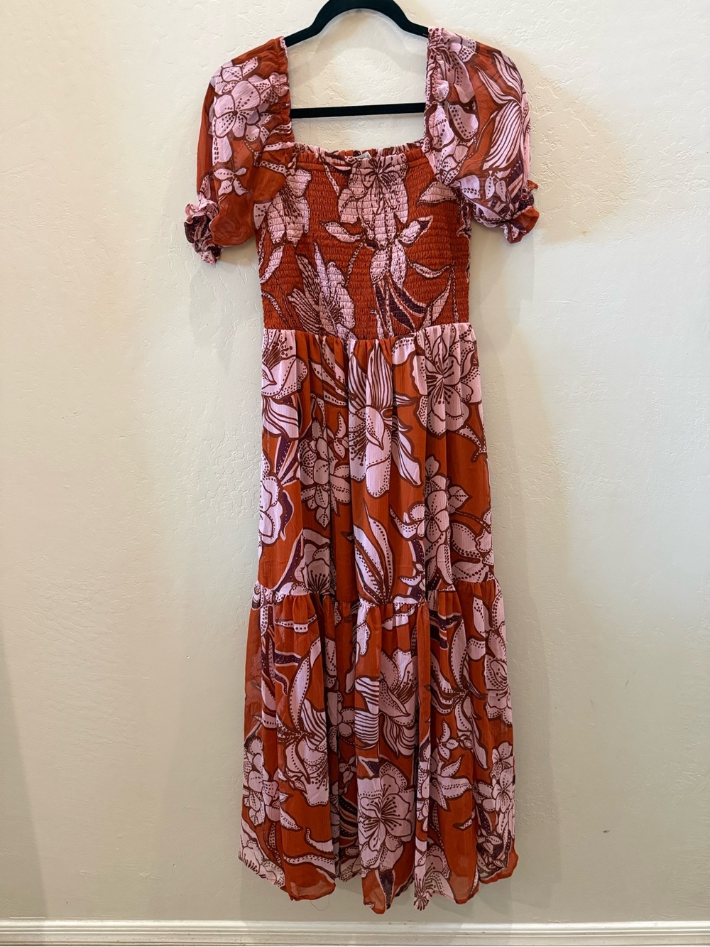 Patrons of Peace Rust and Pink Floral Puff-Sleeve Maxi Dress #P332